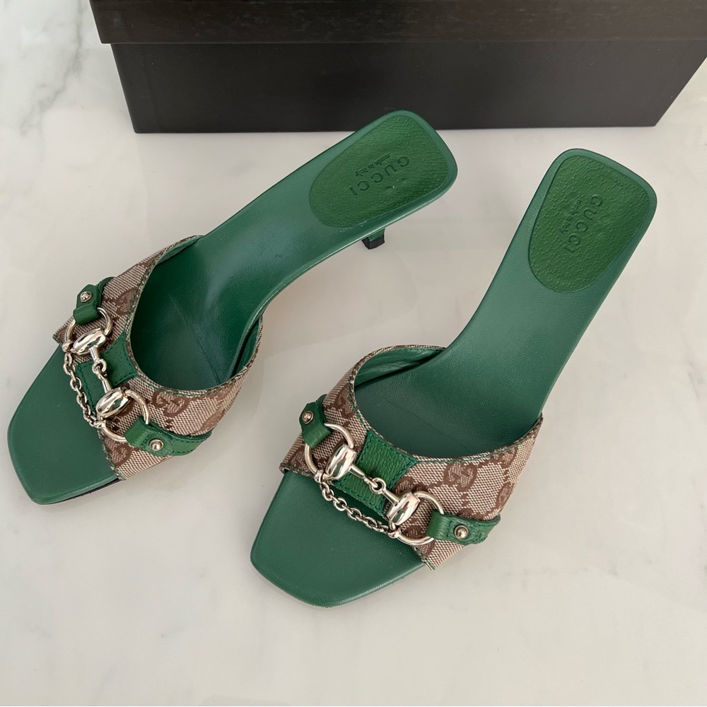 Gucci by Tom Ford Green GG Monogram Horsebit Mules / US 6 1/2 / Vintage - Picture 5 of 10